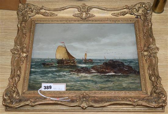 R. Wane, oil on mill board, Fishing boats along the coast, signed, 23 x 32cm